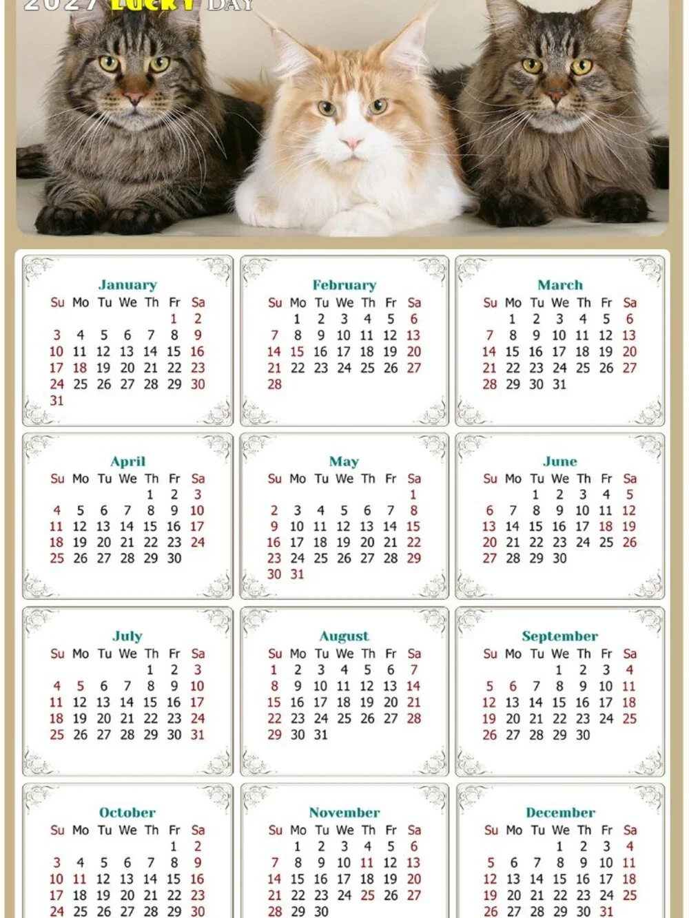2027 Magnetic Calendar - Today is my Lucky Day - Cat Themed 015 (7 x 10.5)